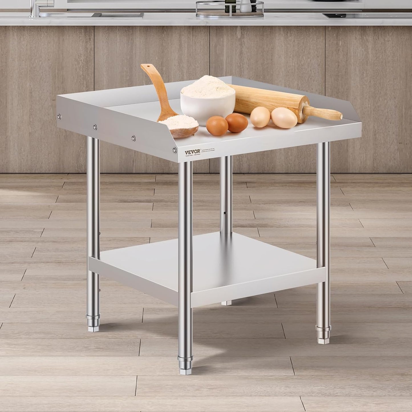 VEVOR Stainless Steel Work Table - Heavy Duty 24" x 24" Commercial Food Prep Table with Adjustable Height & 3-Sided Backsplash