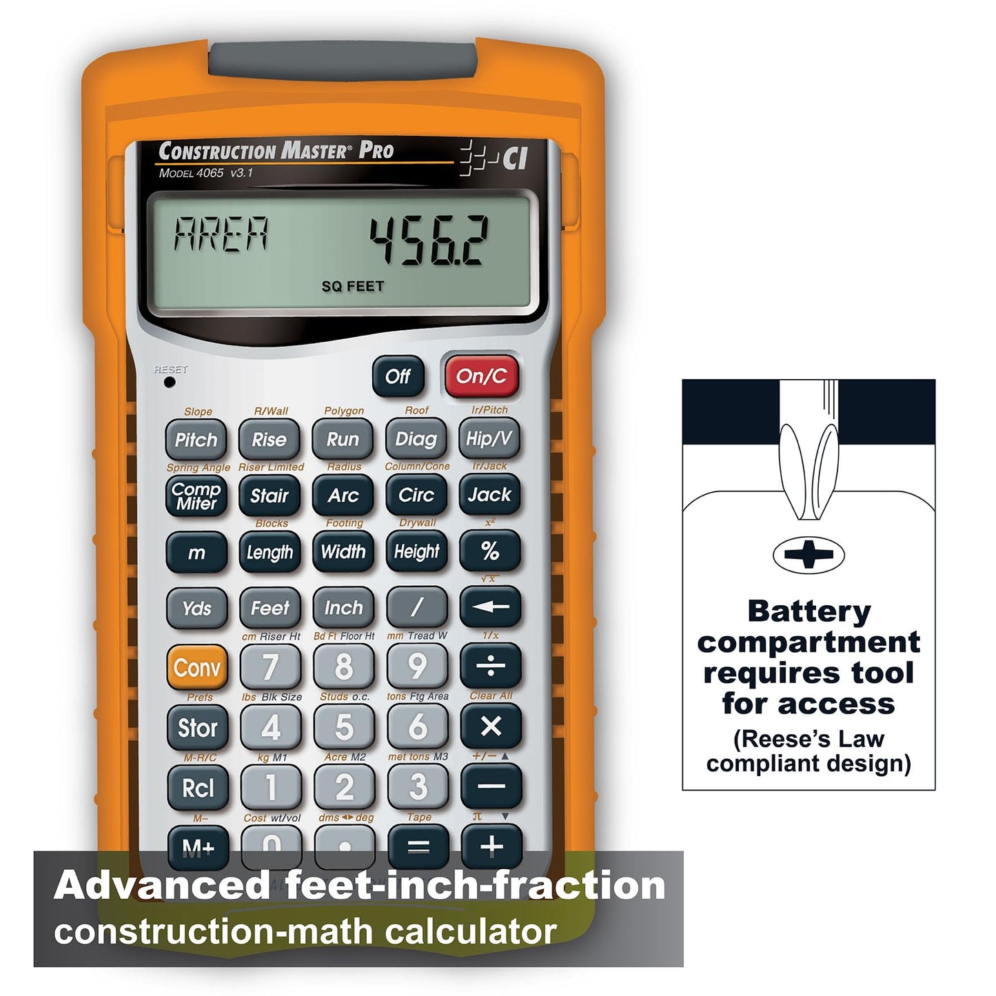 Calculated Industries 4065 Construction Master Pro Advanced Construction Math Feet-inch-Fraction Calculator for Contractors, Estimators, Builders, Framers, Remodelers, Renovators and Carpenters