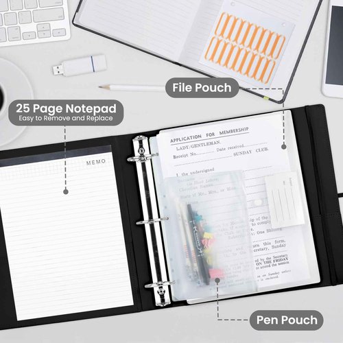 BVSSX 3 Ring Binder with Clipboard,2 Inch Binders with Notepad&5 Dividers with Pockets, Labels,PU Clipboards for School Office(Black,Letter Size)