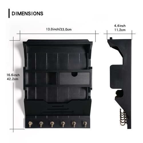 Mutsault Key Holder for Wall, Elegant Wall-Mounted Mail Organizer with Storage Drawers, Black