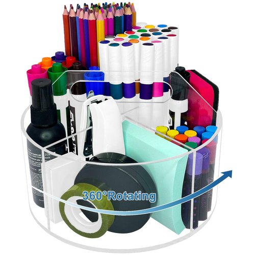 GHANJU Acrylic Rotating Pen Holder for Desk, 360 Degree Clear Pencil Holder Crayon Organizers for Kids, 6 Compartments Marker Organizer for Office, Art Supply Storage Organizer for School Home