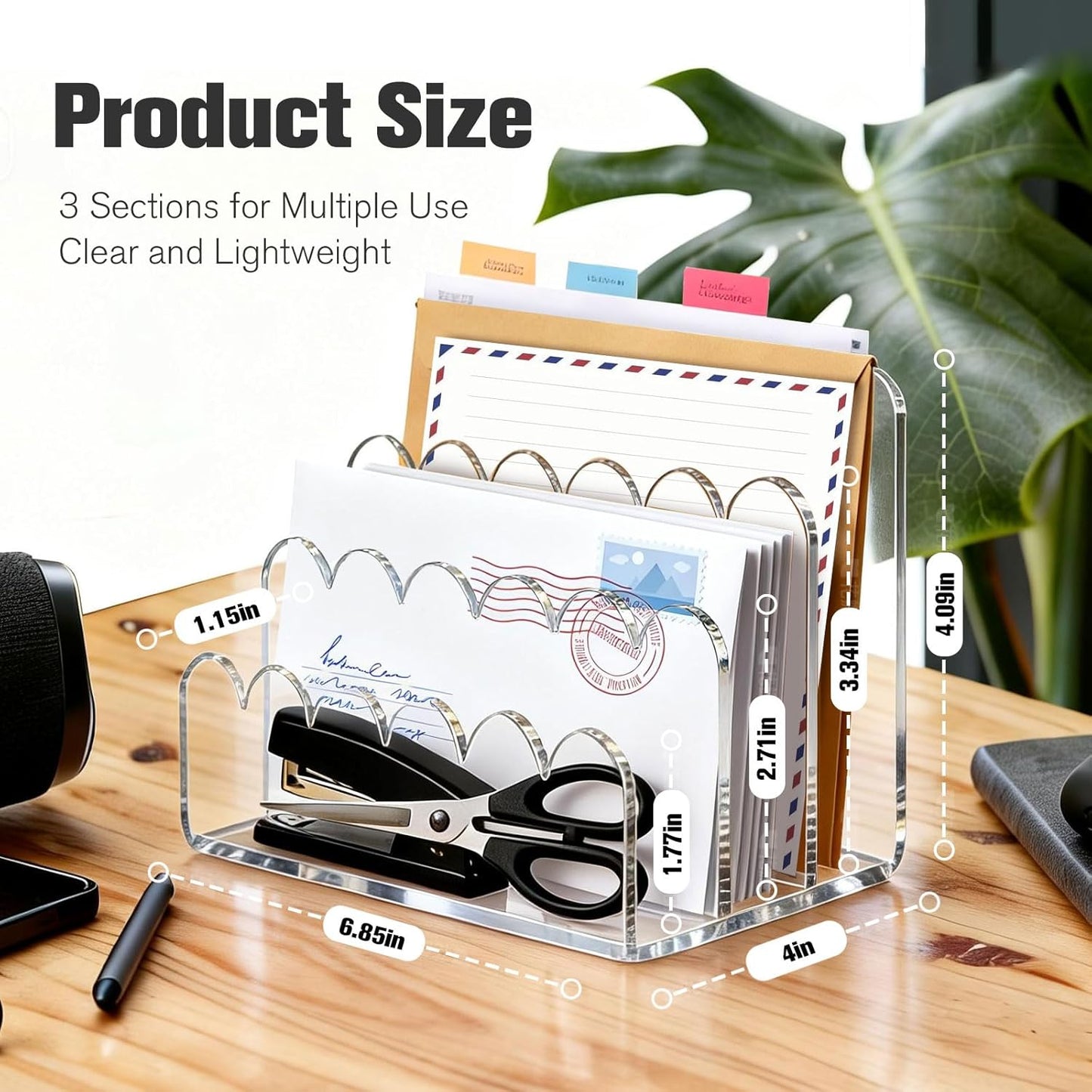 Skiennix Clear Acrylic Mail Organizer - 3-Compartment Vertical Letter Holder for Desk | Sorts Bills & Stationery