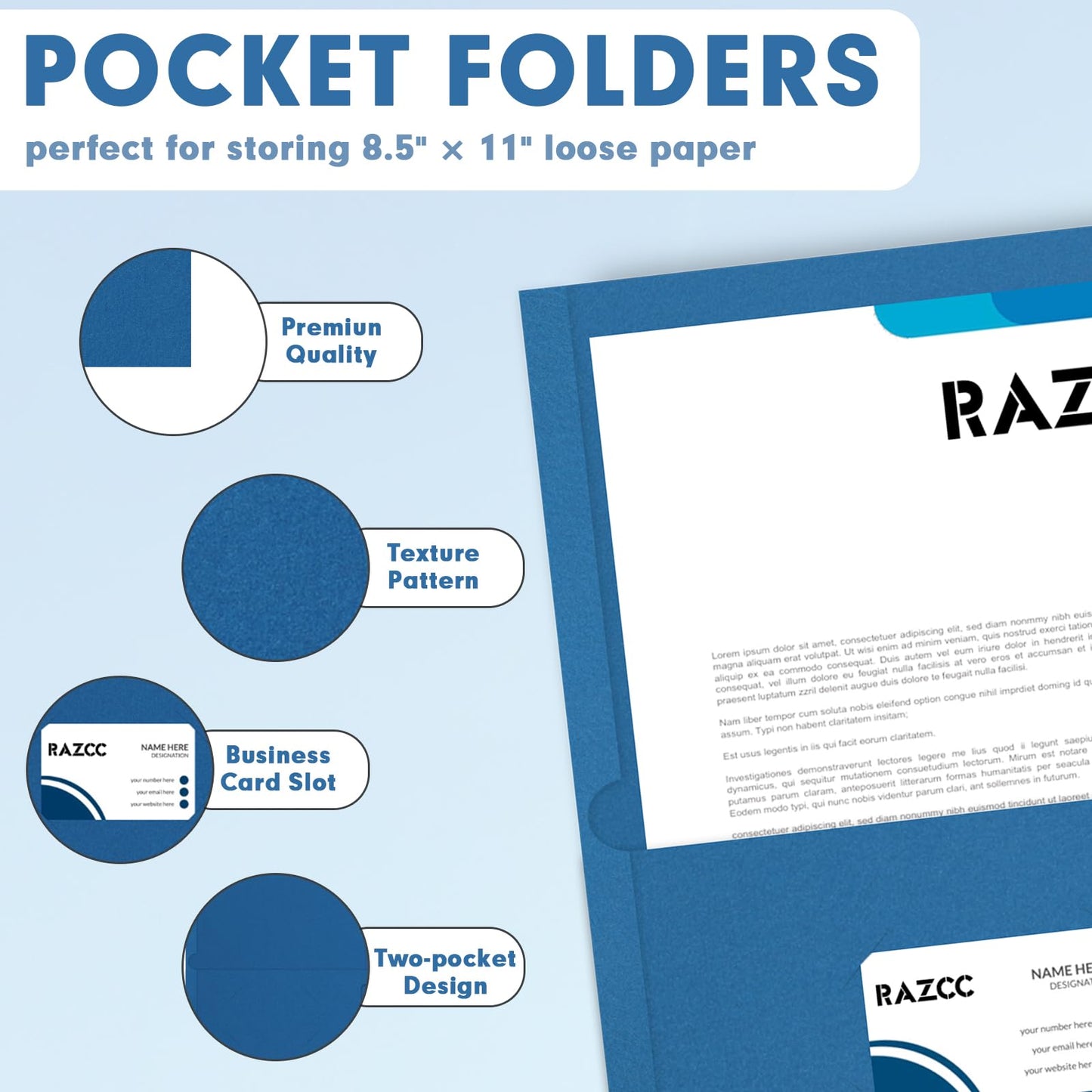 Two Pocket Folders, RAZCC 75 Pack 2 Pocket Folders Fit Letter Size Paper, Paper Folders with Pockets for School Office Business Home (Navy Blue)