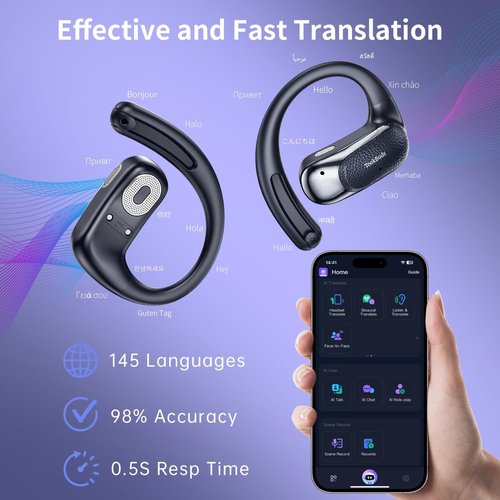 Skiennix AI Translation Earbuds - Real-Time 145 Language Translator | Open-Ear Bluetooth 5.4, 60H Battery, USB-C Fast Charge (Midnight Blue)
