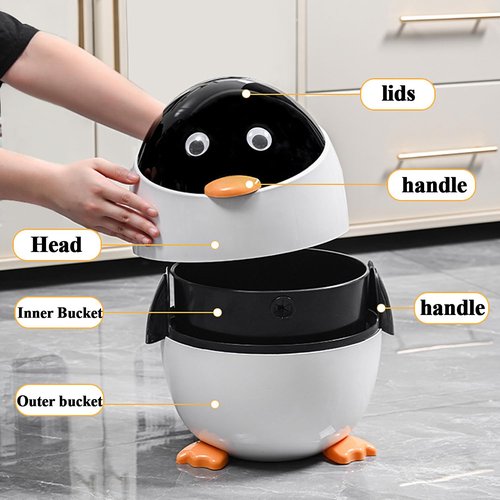 Aiabaleaft Cartoon Penguin Plastic Trash Can with Lid Bedroom Large Capacity Wastebasket Storage Container for Home Kitchen Dressing Office Kids Bedroom (Blue, 13.7 * 12.2 * 11.02in)