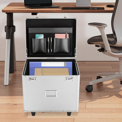 File Organizer Boxes Rolling File Boxes Portable Files Storage Box with 2 Wheels Locking Mobile Storage File Box with Telescopic Handle Three-digit Password Design (19.2*15*16in, Silver)