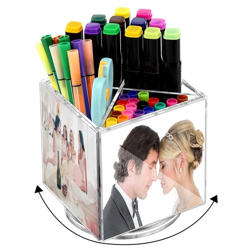 Sherr 4x4 Photo Cube Pen Holder for Desk Picture Frames for Office, Acrylic Rotating Pen Pencil Holder, Holds 4 Photos, Office Desk Tabletop Organizer(for Photos of 4" X 4")