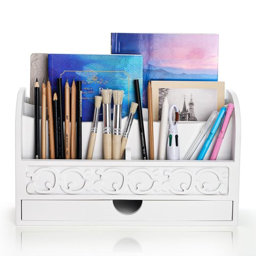 Goaste White Desktop Organizer with Drawer, Wooden Mail Storage Box, 4 Compartment Mail Sorter Organizer, Rustic File Bill Holder, Farmhouse Letter Paper Storage Basket for Home Office Supplies
