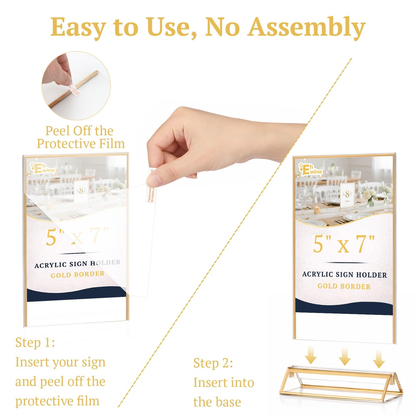 EHWINE 24 Pack Acrylic Sign Holder 5 x 7, Double Sided Gold Picture Frame Stand up Table Top Sign Holders, Clear Display Stand Menu Flyer Holder for Wedding Party