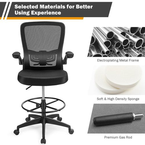 Giantex Drafting Chair, Ergonomic Tall Office Chair with Adjustable Lumbar Support & Footrest Ring, Executive Computer Standing Desk Chair with Flip-up Armrests, High Back Office Rolling Stool, Black