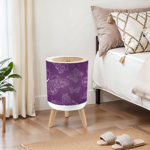 JBNJANKDAV Small Trash Can with Lid Purple Seamless Abstract Ornament White Drawing Butterflies 1.8 Gallon Dog Proof Trash Can Round Garbage Can Waste Bin Wastebasket for Bathroom Bedroom Living Room