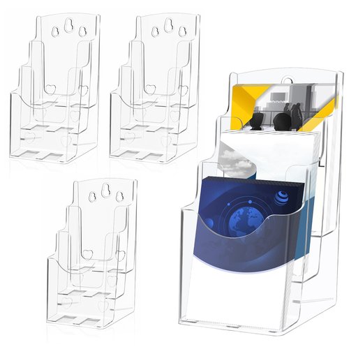 HekouJiub 3 Tier Acrylic Brochure Holder 4 x 9 inch 4 Pack Pamphlet Holder Display Stand Clear Brochure Display Stand for Brochures, Pamphlet, Wall Mount or Countertop