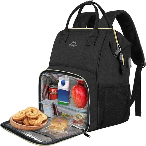 MATEIN Lunch Backpack for Women, Insulated Cooler Backpack Lunch Bag with USB Charging Port for Men, 15.6 Inch Leakproof Laptop College Tote Work Bag Teacher Nurse Picnic Office Commuter Travel, Black
