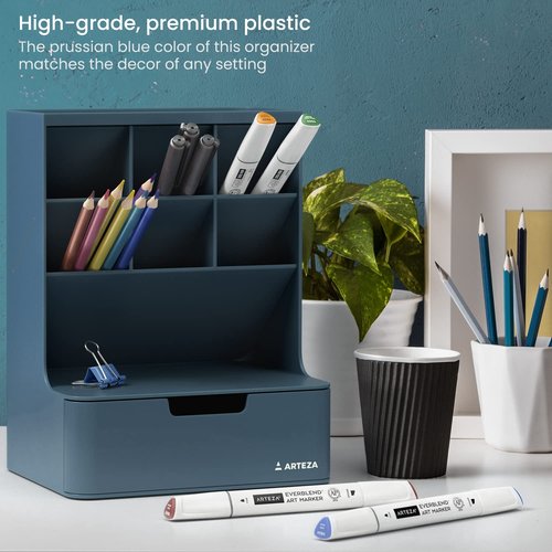 ARTEZA Desktop Pen and Marker Organizer – 6-Compartment Blue Holder with Drawer for Desk, Office, Makeup, and Art Supply Organization