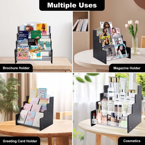 Kesiya Greeting Card Display Stand Holder, 4-Tiered Wooden/Acrylic Organizer Rack for Sticker,Postcard,Brochure,Photos,Picture& Stationery Vendors,Retail Stores (Black)