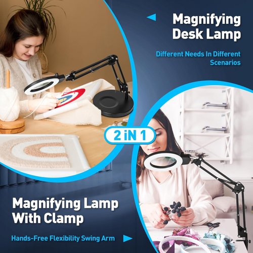 KIRKAS 12X Magnifying Glass - Lighted Stand Magnifier with Real Glass Lens & Stepless Dimming | 9.06" Base & Clamp