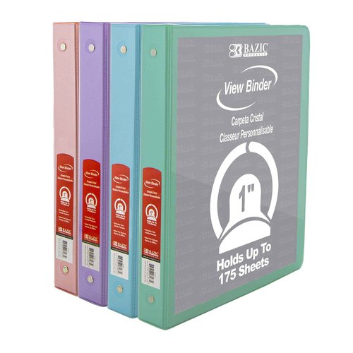 BAZIC Products 3 Ring Binder 1" Economy View Binders Organizer - Pastel Color, Round Ring, Hold 175 Sheets Paper, for School Office Home, 24-Count