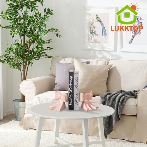 1 Pair Bow Bookends,Ceramic Book Ends Cute Sculpture,Unique Statues Decorative Tabletop Ornament Room Decor for Home Dorm Wall Desk Shelf (Pink)