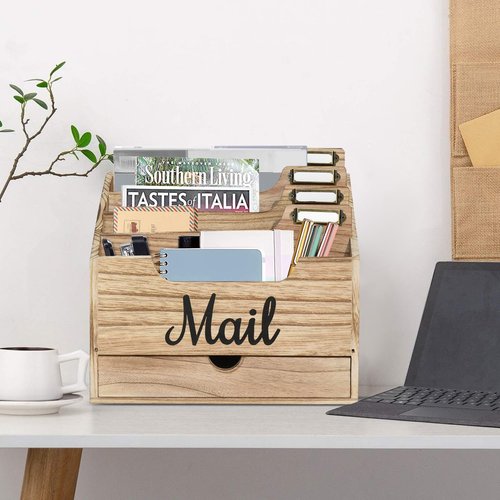 ANRXNCY Desk Mail Holder with 4 Compartments and Drawer, Wood Mail Holder Sorter Holder,Countertop Desk Office Accessories for File Letter Paper Folder, Drawer Organizer