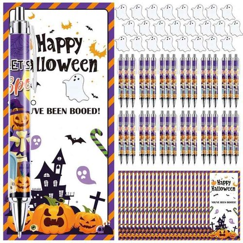 EYNDYN 48 Sets Halloween Gifts Bulk for Adults Pumpkin Ballpoint Pens Ghost Pins with Organza Bags Information Card for Halloween Theme Party Supplies School Office Home Present Party Favor