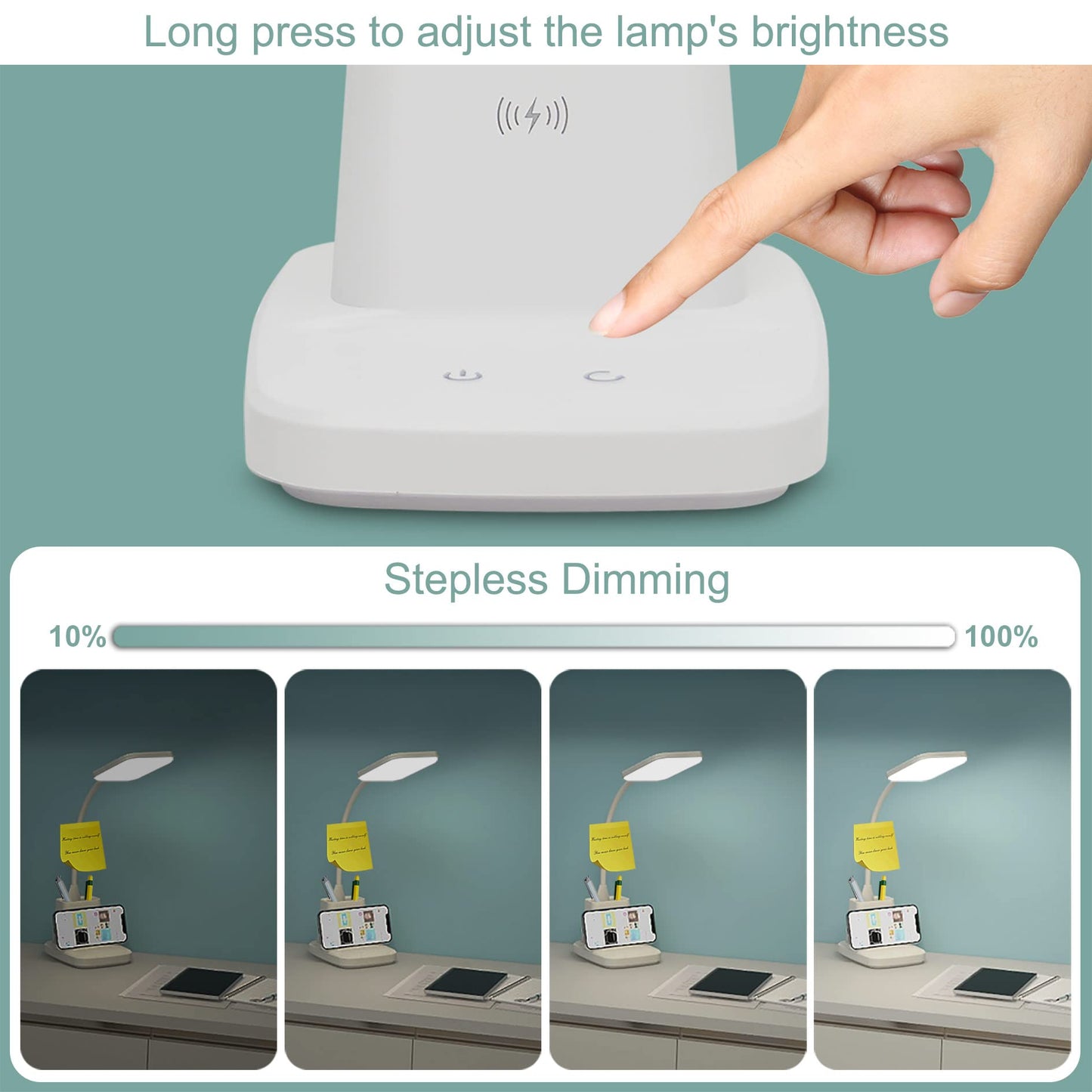 Sailstar Upgraded LED Desk Lamp with Wireless Charger, White Small Desk Light with Pen Holder, 3 Color Modes, CRI 85, 800 Lumen, Study Lamps for College Dorm Room, Home Office, Adapter Included