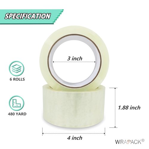 Packing Tape Refills - Heavy Duty Clear Packaging Tape, 6 Rolls, 1.88'' Wide, 80 Yards Each