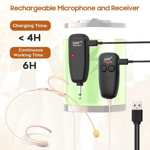 Wireless Headset Microphone, UHF Skin Tone Head Mic Speaker System, Beige Professional Voice Amplifier Microphones, with 164ft Range, Ideal for Teachers, Tour Guides, Fitness Coaches, Conferences