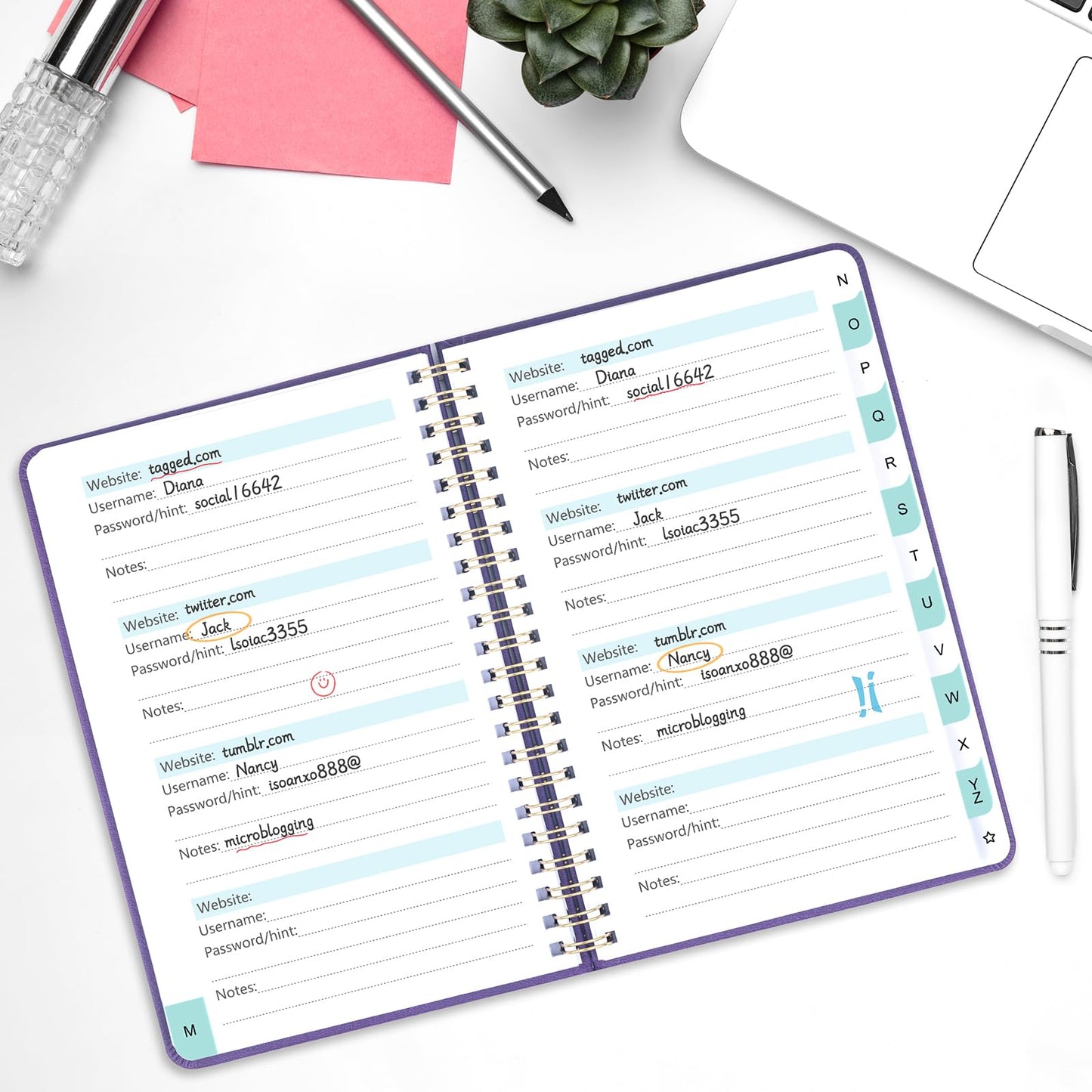 Homlive Spiral Password Book with Individual Alphabetical Tabs, Hardcover Password Keeper Book for Seniors, Password Notebook for Home or Office & Website Address Login-Purple, 5.7" x 7.7"