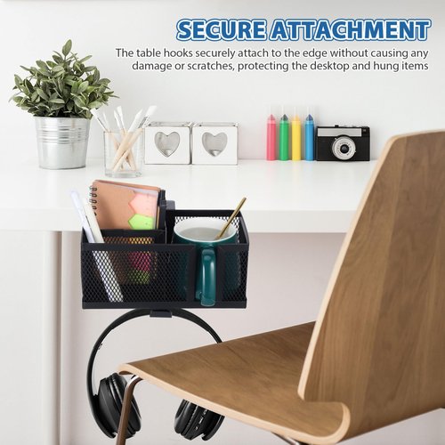 Operitacx Metal Clip On Cup Holder, 4in 1 Cup Holder Clamp for Gaming Desk or Table, Clamp on Under Desk Headphone Hanger for Salon Chair, Bedside, Water Bottles, Drinks, Headphones