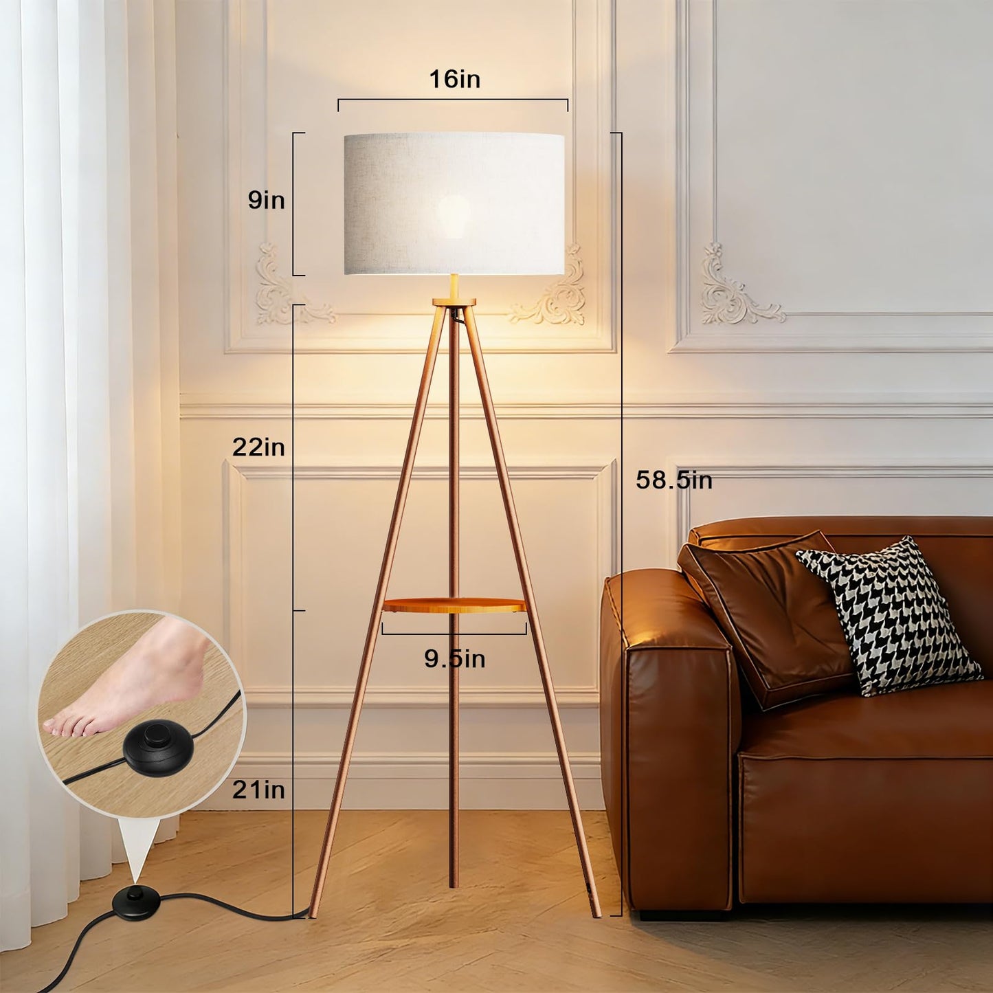 homzuri 58.3" Mid-Century Tripod Floor Lamp with Shelf, Hidden Wiring, RGB Dimmable Bulb Included, Remote & App Control, Iron Corner Standing Lamp with Linen Shade for Living Room Bedroom