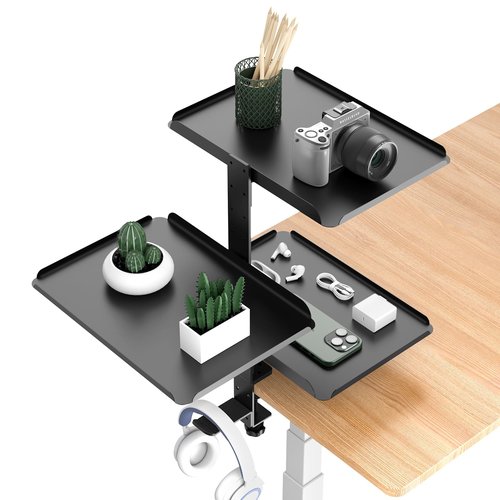 ONDAIUN 3 Tier Clamp On Desk Shelf - Over Or Under Table Clamp,with Adjustable Metal Storage Tray Headphone Stand with No Drill Installation, for Home Office, Gaming Devices,Storage Tray,and More