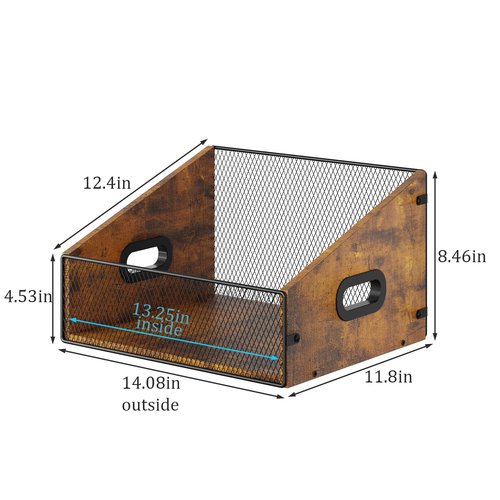 Yuzehuaza Vinyl Record Storage Holder, Trapezoidal LP Vinyl Record Crate with Handle, Wood & Metal Album Storage Desktop Organizer Box for Books Files, Rustic Brown