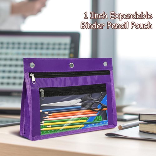 YoeeJob 24 Pack Pencil Pouch for 3 Ring Binder, Expandable Binder Pouches with Zipper, Large Capacity Pen Holder Case with Clear Window School Class Office Organizers, Purple