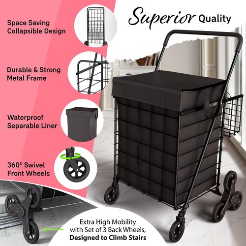 Our Modern Space Stairs Climbing Shopping Cart w/Waterproof Basket Liner & 360° Swivel Wheels | Foldable Collapsible & Lightweight | Perfect for Groceries Laundry Utility Cart - Black