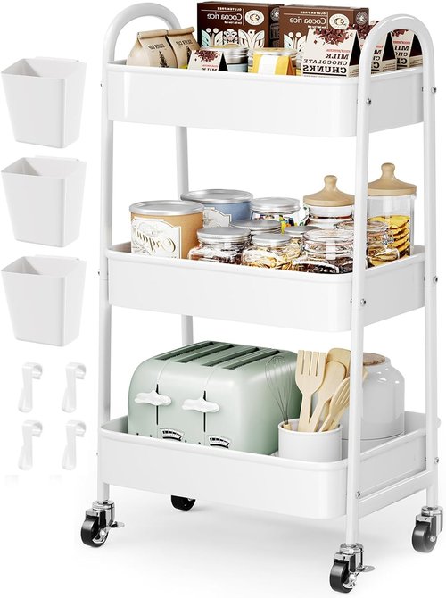 Skiennix 3-Tier Rolling Cart - Heavy-Duty Metal Organizer with Wheels for Craft, Nursery & Storage | White
