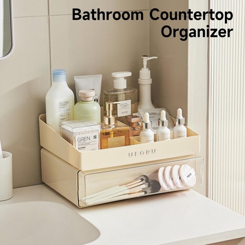UFORU Desk Organizer with 6 Compartments, 2 Tier Stackable Storage Drawers Plastic Makeup Storage, Office Desk Storage Box, Stationary Sorting Helper