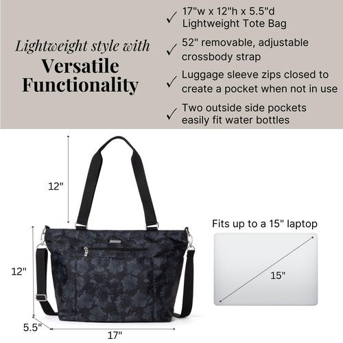 Baggallini Essential Laptop Tote - Work Tote Bag with Laptop Sleeve - Lightweight Travel Crossbody Shoulder Bag for Women, Midnight Garden