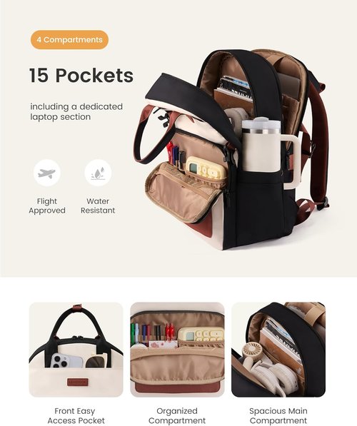 LOVEVOOK Laptop Backpack - Stylish Waterproof Work Bag with Large Cup Holder | Beige-Brown, 15.6 Inch