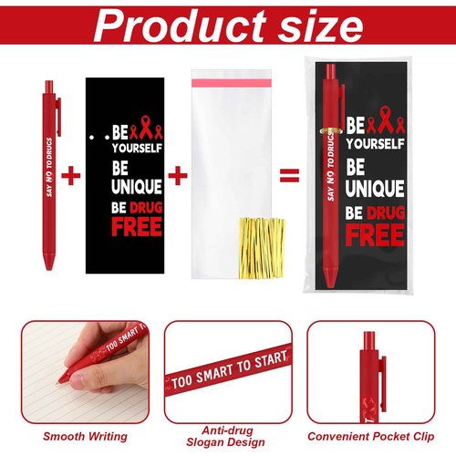 Sayglossy 100 Sets Red Ribbon Week Supplies Bulk Red Ribbon Awareness Pens & Bookmarks Set Drug Free Ballpoint Pen with Inspirational Bookmarks Accessories for Fundraising Charity Party Favors