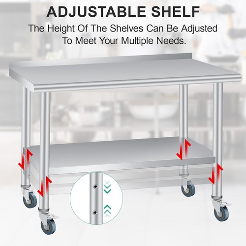 Stainless Steel Table for Prep & Work 60 x 24 Inches with Backsplash and 4 Caster Wheels Commercial Heavy Duty Kitchen Worktable with Adjustable Under Shelf for Restaurant Business Home Outdoor