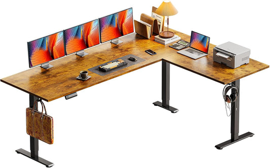 Casaottima 71-Inch Reversible Electric L-Shaped Standing Desk - Height Adjustable Ergonomic Workstation in Rustic Brown
