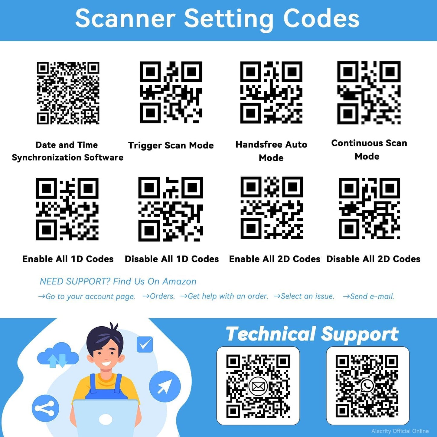 Alacrity 2D 1D QR Industrial Barcode Scanner with Stand, 2.4GHz Wireless Bluetooth 2 in 1, Hands Free Barcode Reader Shock Dust Proof, Blue