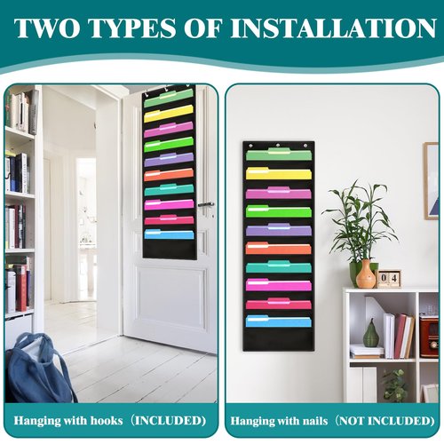 3 Pack 10 Pocket Organization Pocket Chart File Organizer File Storage Pocket Wall File Organizer Folder Chart Organizer Hanging Wall File Paper Folder with 9 PCS Hooks for School Home Office