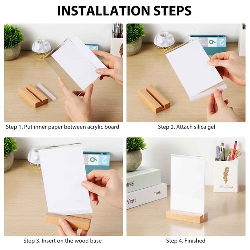 Maitys 10 Pack Acrylic Sign Holder 4 x 6.5 Inch Clear Double Sided Table Sign with Wooden Base T Shape Menu Display Stand for Wedding Restaurant Office Hotel Front Desk Store Tabletop