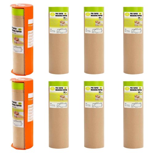 Tangibay Pre-Taped Masking Paper with Dispenser - 18" x66' Painters Paper & Tape Attached for Painting House, Automotive Paint Masking Paper Roll for Windows, Cars, Auto-Body (2 Dispensers 8 Refills)