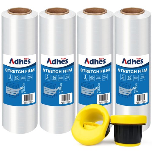ADHES Heavy Duty Shrink Wrap Roll, 15 Inch x 1500 Feet, 4-Pack Stretch Wrap Stretch Film, 60 Gauge Industrial Strength Plastic Moving Wrap for Pallet Wrap, Furniture Wrapping Moving & Protection
