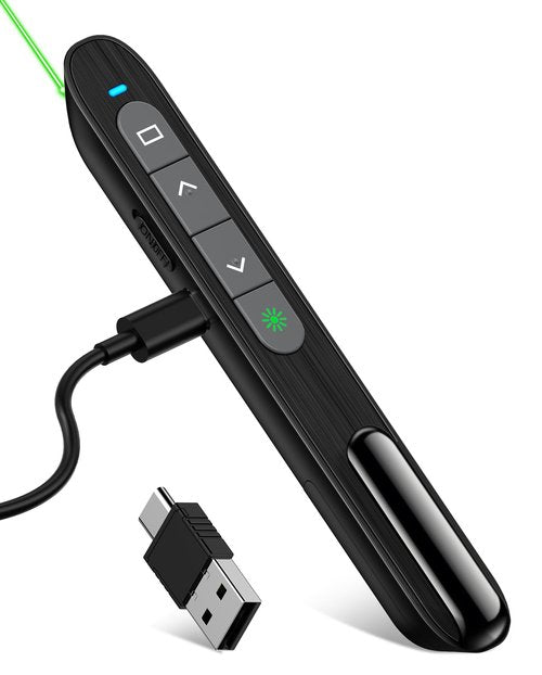 USB C Rechargeable Presentation Clicker with Green Light,Remote Clicker for Presentations Wireless Presenter Slide Changer PPT Advancer Pointer with Volume Control for Laptop Computer