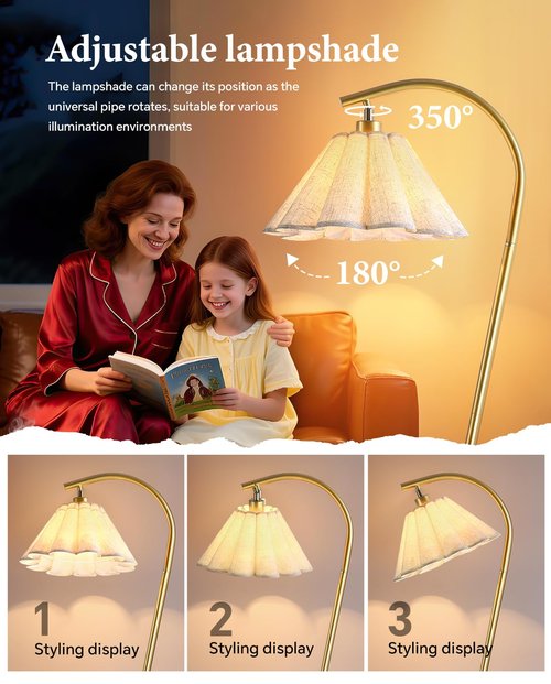 Gold Floor Lamp with Pleated Linen Lampshade, Modern Flower Floor Lamp for Living Room Arc Standing Lamp, Tall Lamp for Bedroom Office Dining Room(Bulb Included)