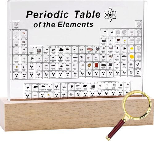 SETHVILL Periodic Table - 83 Real Elements in Acrylic Display with Wooden Stand & Magnifying Glass