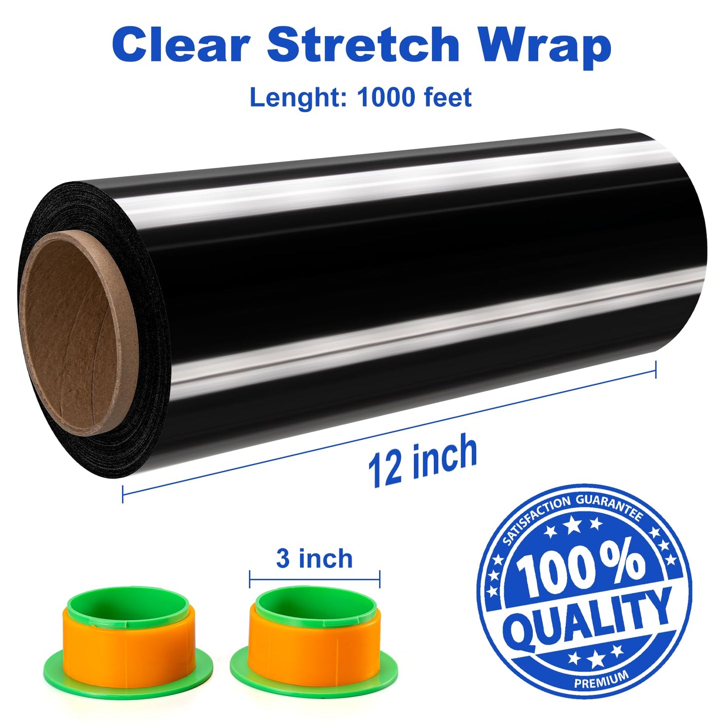 Ealyder Tape 2 Rolls Black Stretch Wrap 12" x 1000 FT x 80 Gauge, Industrial Heavy Duty Stretch Wrap Shrink Film, Durable Self-Adhering for Packing, Moving, Pallet, Included Wrap Holder